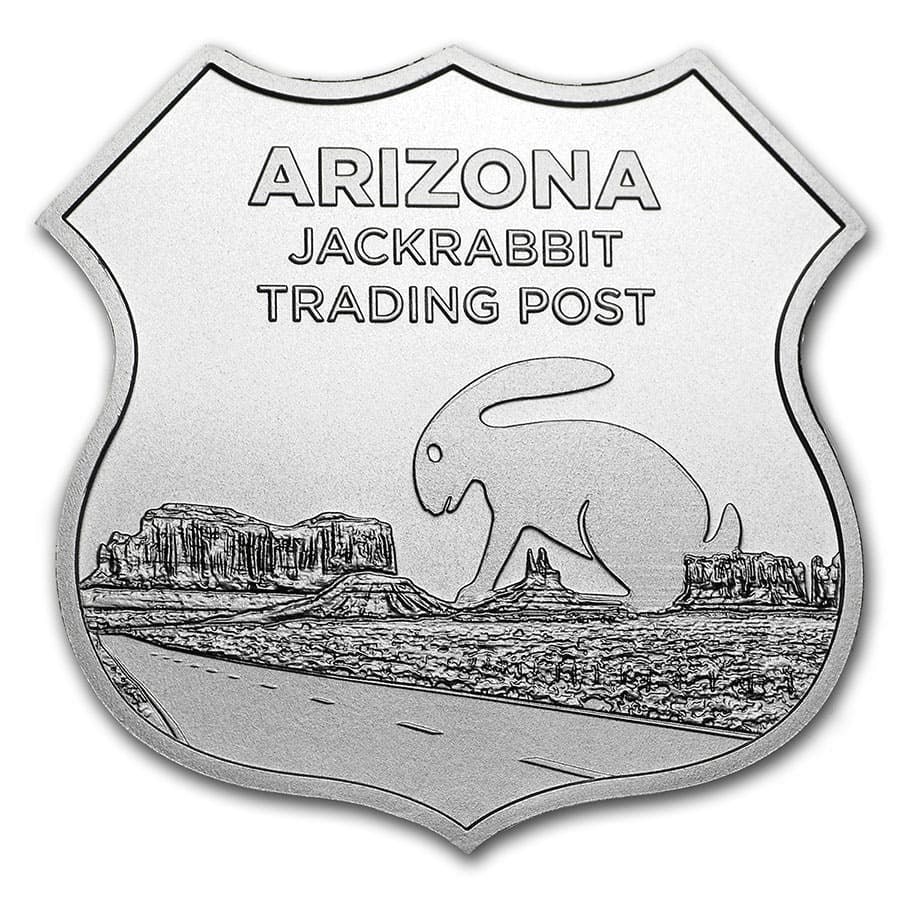 1 oz Silver - Icons of: 1 oz Silver - Icons of Route 66 Shield (Jack Rabbit Trading Post) SKU no: RBJ167822 Year: N/A Grade: None Grade Service: None Mint Mark: SMI - Sunshine Minting Metal Content: 1 troy oz Pu