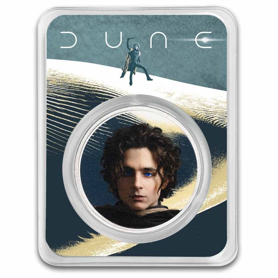 DUNE 2 Blue Eyes Paul 1: DUNE 2 Blue Eyes Paul 1 oz Silver (Colorized w/TEP) SKU no: RBJ281742 Grade: None Grade Service: None Mint Mark: N/A - Not Available Metal Content: 1 troy oz Purity: .999 Diameter: 39 mm