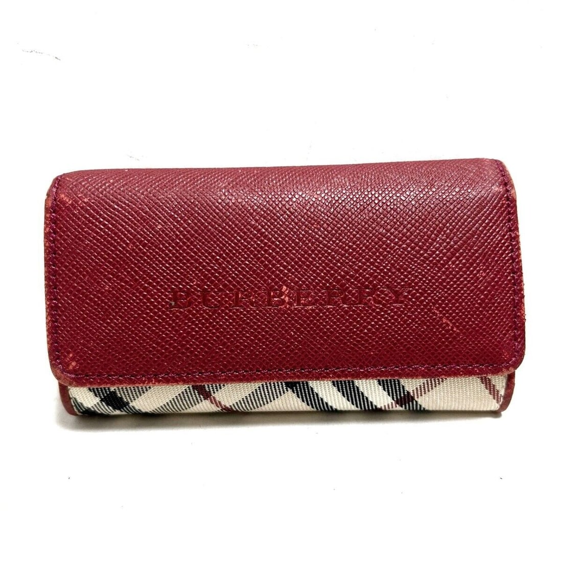 Auth Burberry - Red Beige Multi: Auth Burberry - Red Beige Multi Leather Nylon Key Case Condition: Pre-owned Brand: Burberry Style: Key Case Color: Red, Beige, Multi Material: Leather, Nylon Accessories: None ConditionRa