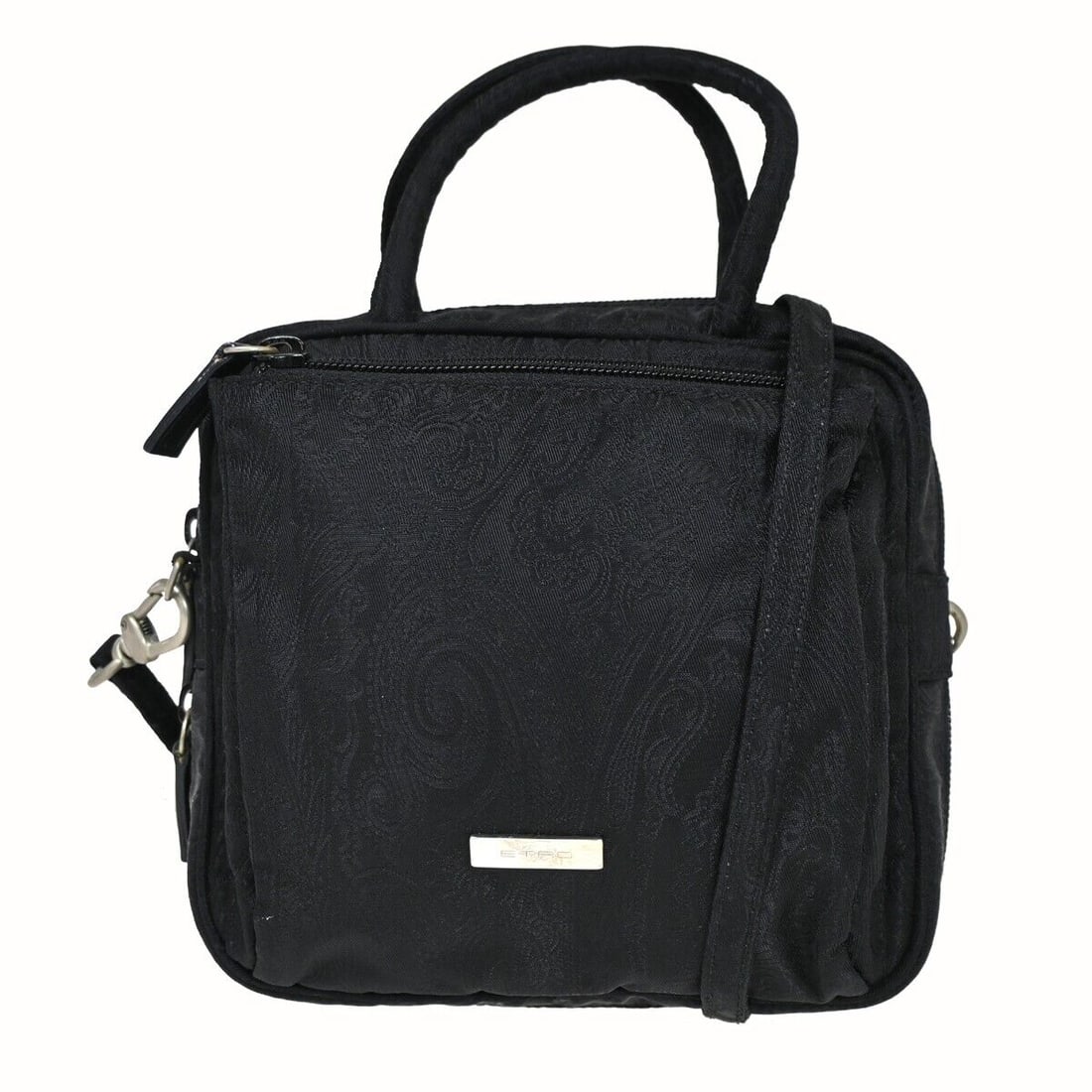 ETRO Logos 2Way Shoulder Hand Bag: ETRO Logos 2Way Shoulder Hand Bag Paisley Nylon Leather Black Italy 03HB241 Condition: Pre-owned Bag Width: 7.1 Shape: Rectangle Bag Height: 5.9 Closure: Zip Handle/Strap Color: Black Occ