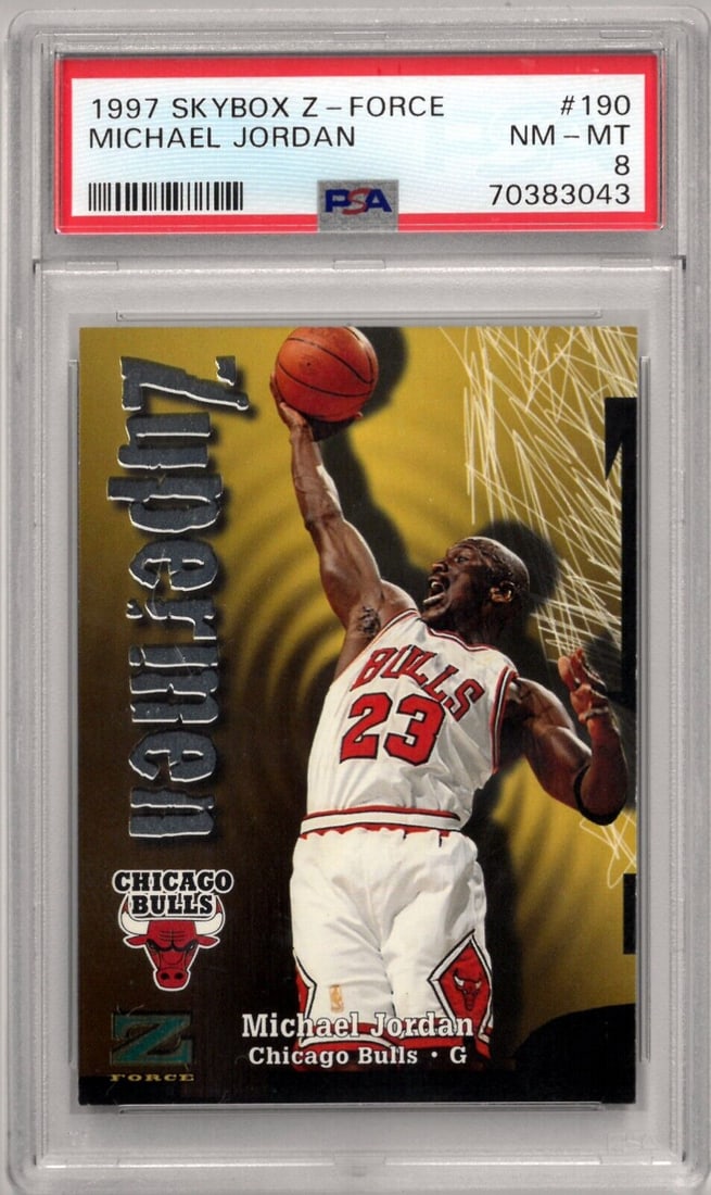 Michael Jordan 1997-98 Skybox Z-Force Zupermen: Michael Jordan 1997-98 Skybox Z-Force Zupermen Card #190- PSA Graded 8 NM-MT Michael Jordan 1997-98 Skybox Z-Force Zupermen Card #190- PSA Graded 8 NM-MT SKU no: RBJ7358998020184