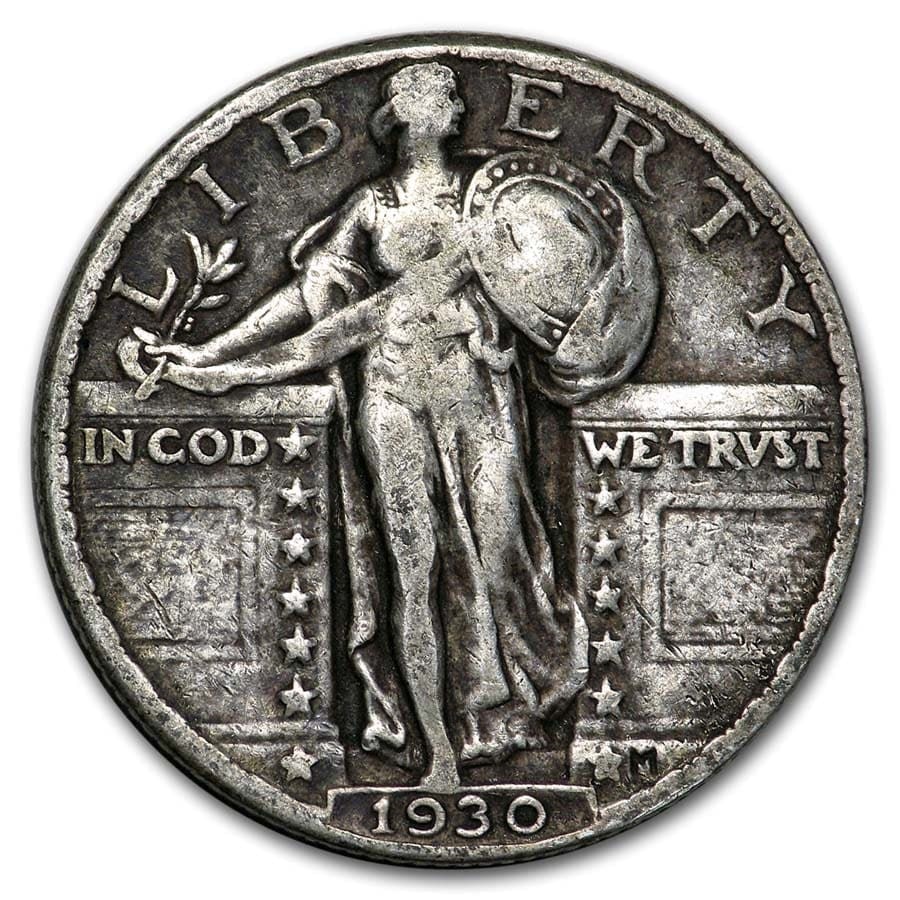 1930 Standing Liberty Quarter VF: 1930 Standing Liberty Quarter VF SKU no: RBJ5620 Year: 1930 Grade: Very Fine Grade Service: None Denomination: $0.25 Mint Mark: P - Philadelphia (Not Shown) Metal Content: 0.1788 troy oz