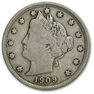 1909 Liberty Head V Nickel Fine: 1909 Liberty Head V Nickel Fine SKU no: RBJ1844 Year: 1909 Grade: Fine Grade Service: None Denomination: $0.05 Mint Mark: P - Philadelphia (Not Shown) Metal Content: 0 troy oz Pu