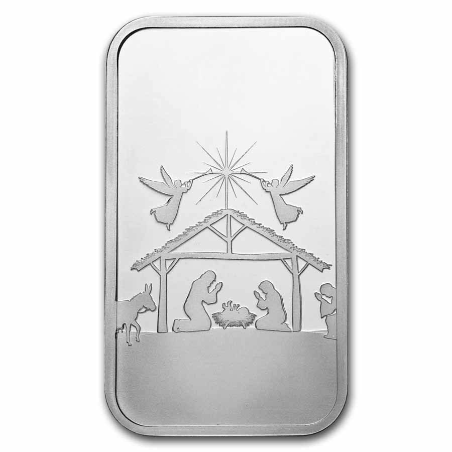 1 oz Silver Bar - Nativity: 1 oz Silver Bar - Nativity SKU no: RBJ282508 Grade: None Grade Service: None Mint Mark: N/A - Not Available Metal Content: 1 troy oz Purity: .999 Thickness: 2.87 mm Diameter: 39
