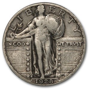 1928-S Standing Liberty Quarter VF: 1928-S Standing Liberty Quarter VF SKU no: RBJ11752 Year: 1928 Grade: Very Fine Grade Service: None Denomination: $0.25 Mint Mark: S - San Francisco Metal Content: 0.1788 troy oz