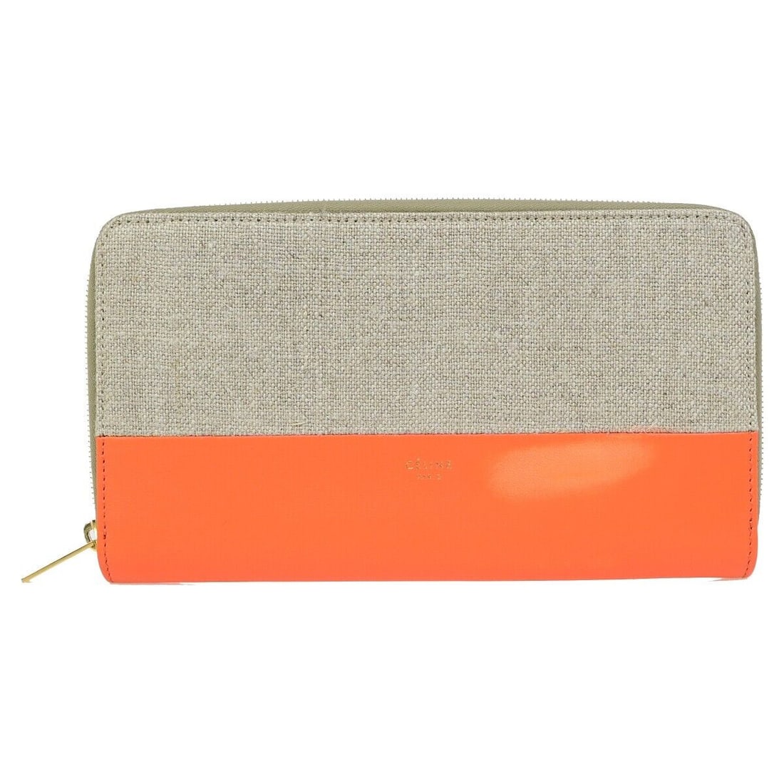 CELINE Logo Bicolor Round Zipper Long: CELINE Logo Bicolor Round Zipper Long Wallet Canvas Leather Beige Orange 09KA373 Condition: Pre-owned Seller Notes: ?Outside leather has discoloration.Please check a photograph and the text carefully.