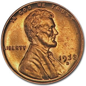 1938-D Lincoln Cent BU (Red): 1938-D Lincoln Cent BU (Red) SKU no: RBJ2480 Year: 1938 Grade: Brilliant Unc Grade Service: None Denomination: 1 Cent Mint Mark: D - Denver Metal Content: 0 troy oz Purity: N/A <