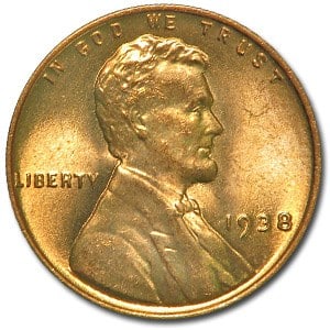 1938 Lincoln Cent BU (Red): 1938 Lincoln Cent BU (Red) SKU no: RBJ33969 Year: 1938 Grade: Brilliant Unc Grade Service: None Denomination: $0.01 Mint Mark: P - Philadelphia (Not Shown) Metal Content: 0 troy oz
