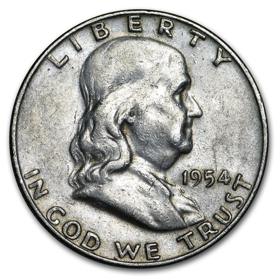 1954-D Franklin Half Dollar Fine/XF: 1954-D Franklin Half Dollar Fine/XF SKU no: RBJ7906 Year: 1954 Grade: Fine or Better Grade Service: None Denomination: $0.50 Mint Mark: D - Denver Metal Content: 0.3575 troy oz P