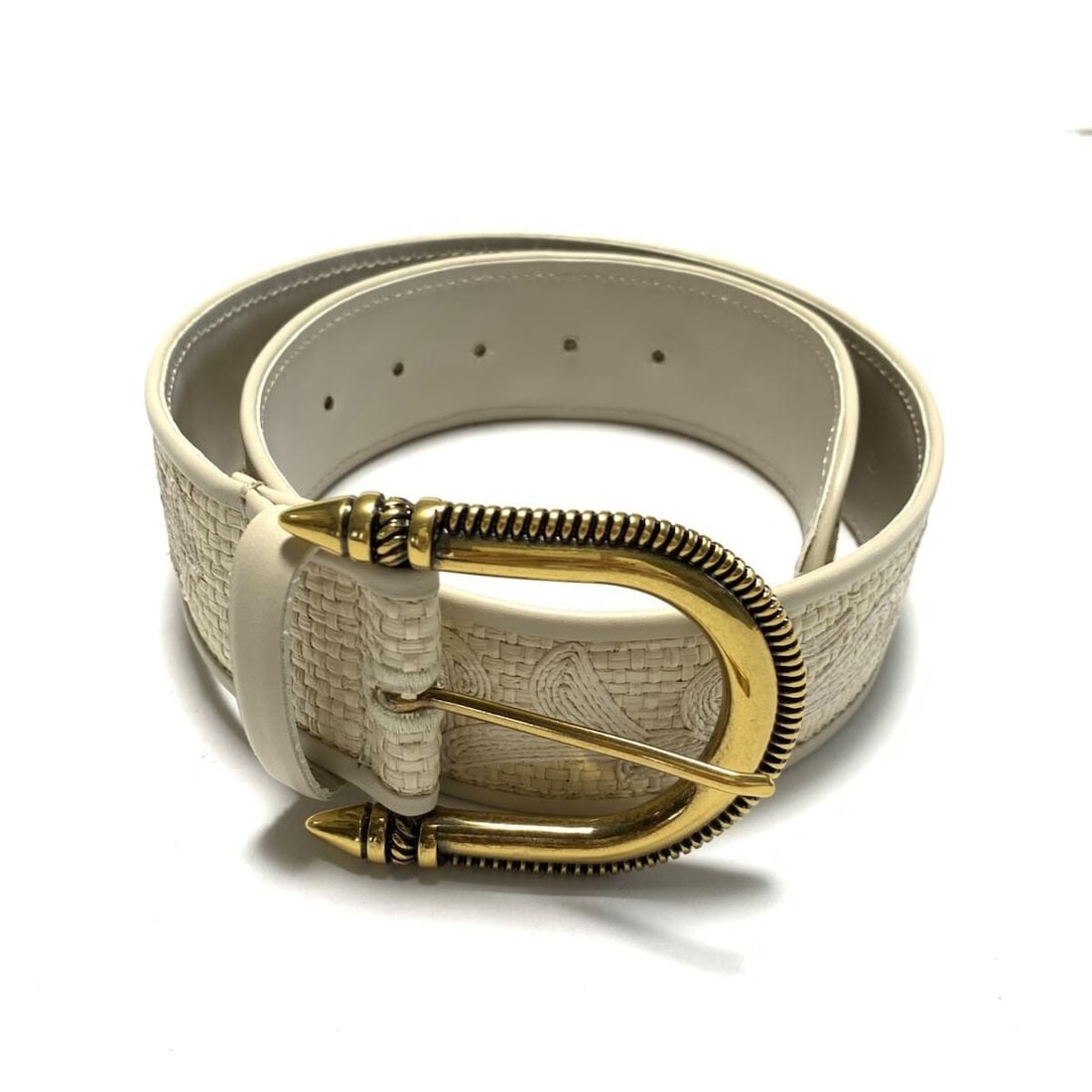 Auth ETRO - Cream Beige Gold: Auth ETRO - Cream Beige Gold Straw Leather Belt Condition: Pre-owned Brand: ETRO Style: Belt Color: Cream, Beige, Gold Material: Straw, Leather Accessories: Box Dust Bag ConditionRank: 6
