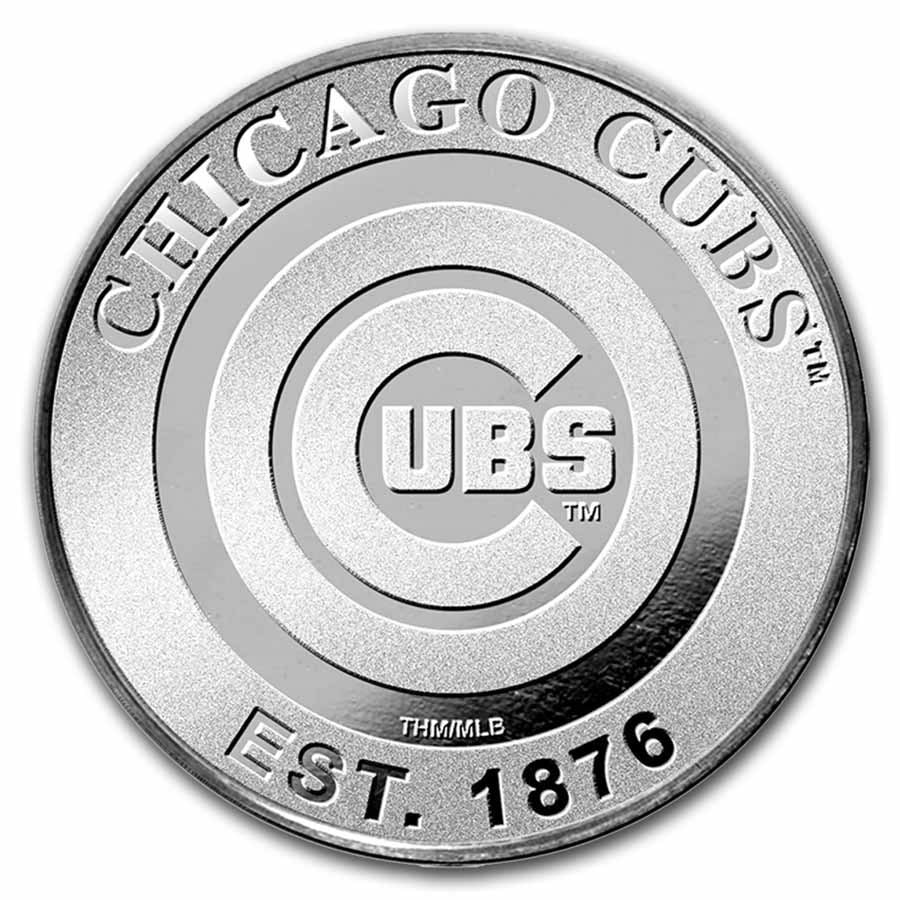 MLB Chicago Cubs 1 oz Silver: MLB Chicago Cubs 1 oz Silver Round SKU no: RBJ306742 Grade: None Grade Service: None Mint Mark: None Metal Content: 1 troy oz Purity: .999 Thickness: N/A mm Diameter: 39 mm