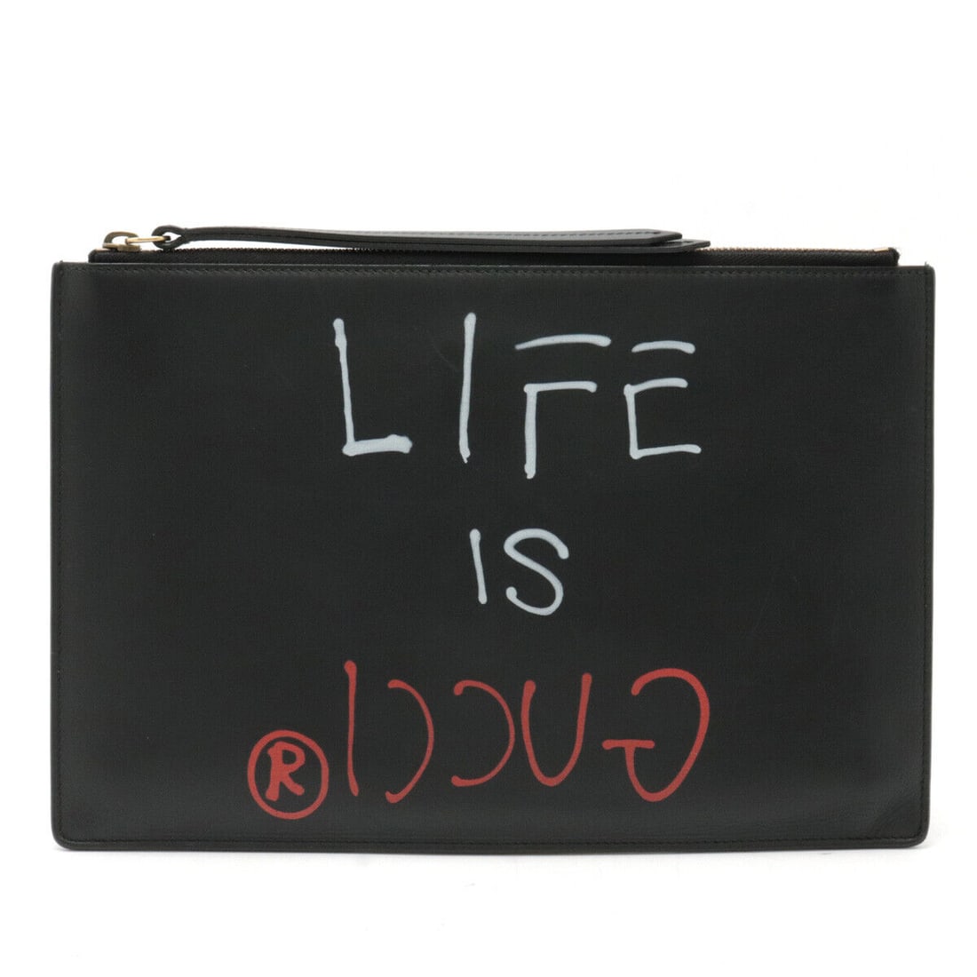 GUCCI Ghost LIFE IS GUCCI Clutch: GUCCI Ghost LIFE IS GUCCI Clutch bag Second bag Leather Black 240802N Condition: Pre-owned Brand: GUCCI Model: 445597 Style: Hand Bag Exterior Material: Leather Exterior Color: Unknown De