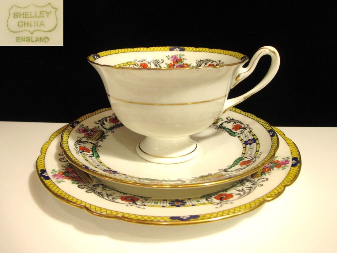 Shelley British Antique Sherry Tea Cup: Shelley British Antique Sherry Tea Cup Trio Condition: Used Brand: Shelley Country: Japan SN: MOR_0820 Type: Cup &: Saucer Color: multicolor Pattern: NA Original/Reproduction: