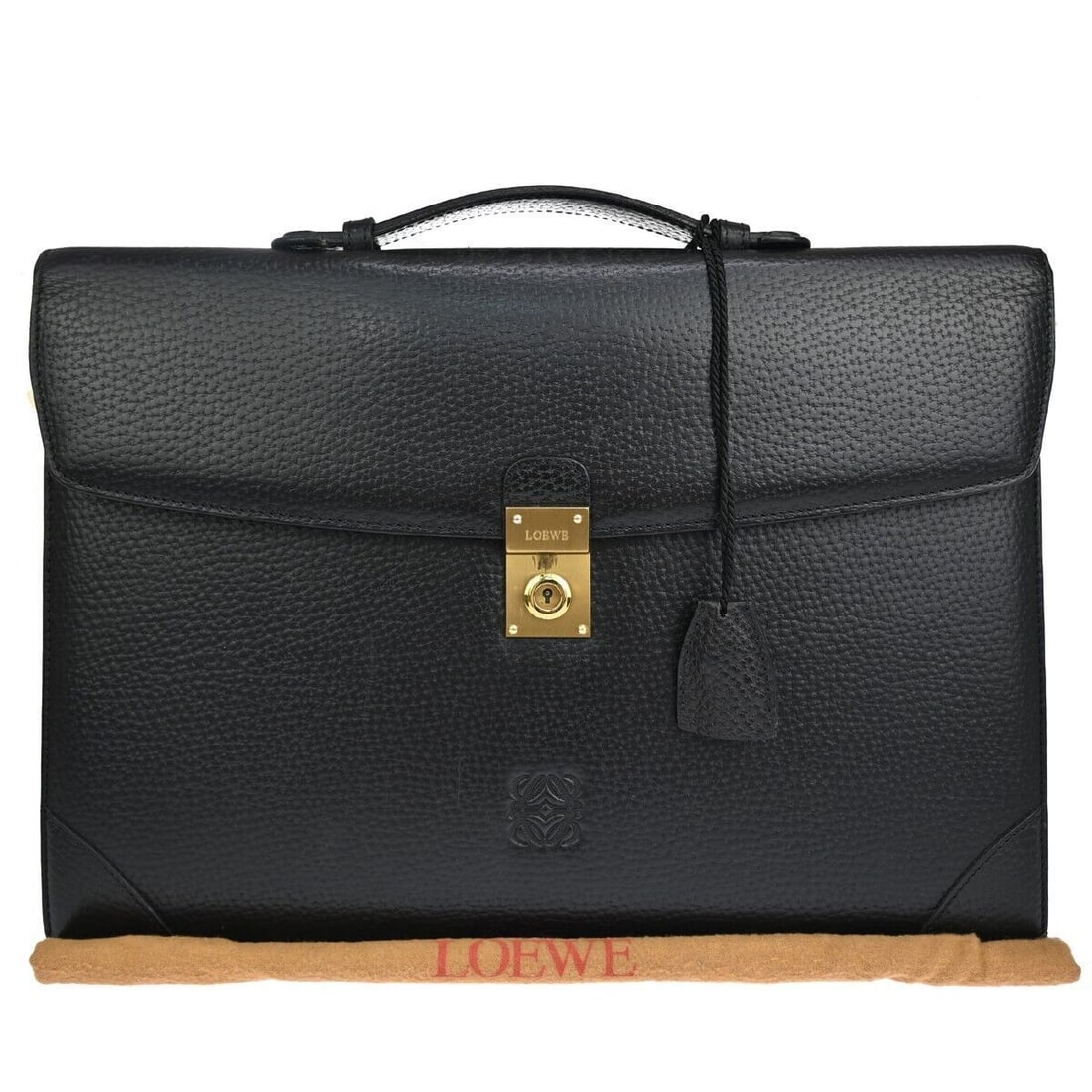 LOEWE Logo Anagram Briefcase Hand Bag: LOEWE Logo Anagram Briefcase Hand Bag Leather Key Black Gold Spain 61GA035 Condition: Pre-owned Bag Width: 15.4 Bag Height: 10.6 Closure: Push Lock Occasion: Business, Casual Size: Medium