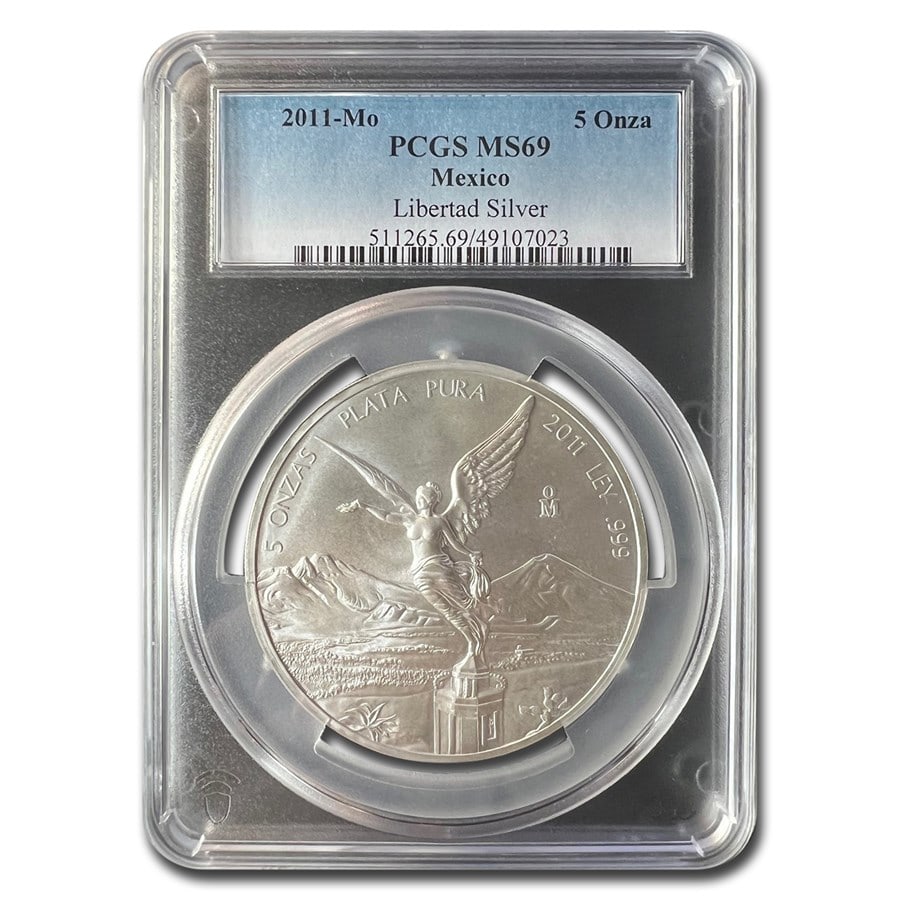 2011 Mexico 5 oz Silver Libertad: 2011 Mexico 5 oz Silver Libertad MS-69 PCGS SKU no: RBJ67554 Year: 2011 Grade Service: PCGS Metal Content: 5 troy oz Purity: .999 Thickness: 5.4 mm Diameter: 65 mm Guidelines
