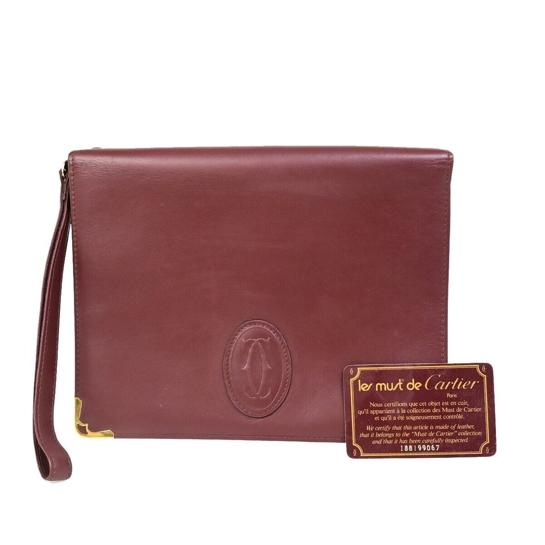 Must De Cartier 2C Clutch Hand: Must De Cartier 2C Clutch Hand Bag Leather Bordeaux Gold-Plated 01EC481 Condition: Pre-owned Bag Width: 8.7 Bag Height: 7.1 Closure: Zip Occasion: Casual Size: Medium Lining Material: Lea