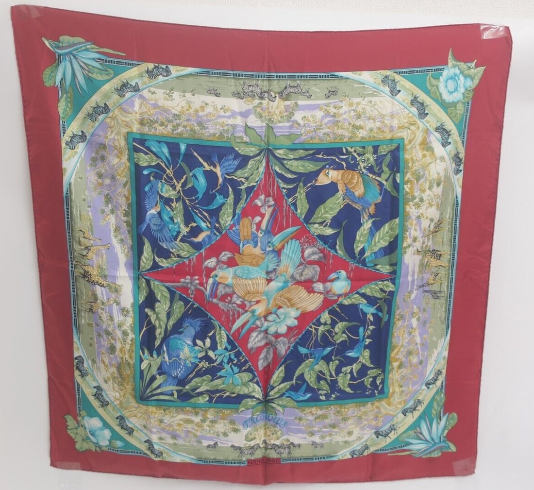 Authentic HERMES "TROPIOUES" Silk Scarf Carre: Authentic HERMES "TROPIOUES" Silk Scarf Carre 90 #34848 Condition: Pre-owned Brand: HERMeS Department: Women Type: Scarf Color: Multicolor Style: Scarf Material: Silk SK
