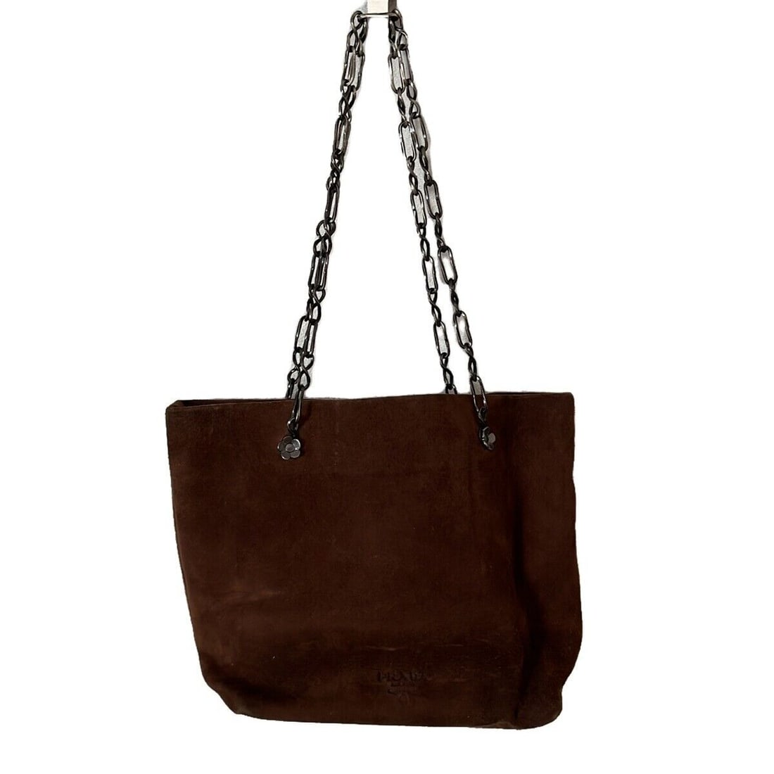 Auth PRADA - Dark Brown Silver: Auth PRADA - Dark Brown Silver Suede Hardware Tote Bag Condition: Pre-owned Brand: PRADA Style: Tote Bag Exterior Color: Dark Brown, Silver Exterior Material: Suede, Hardware ConditionRank: 6-