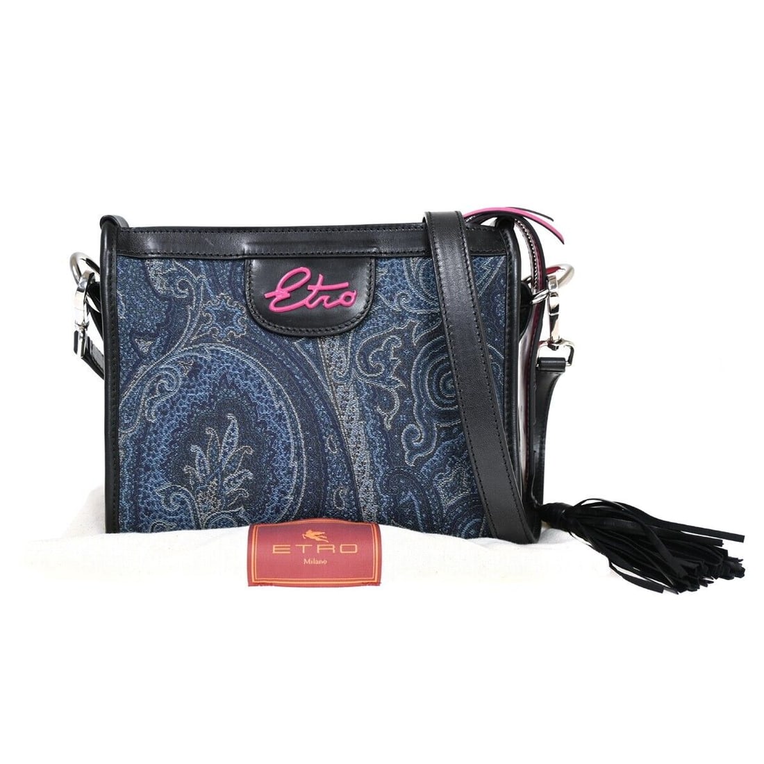 ETRO Logo Paisley Tassel Fringe Shoulder: ETRO Logo Paisley Tassel Fringe Shoulder Bag Canvas Leather Blue Black 30HB249 Condition: Pre-owned Important Notes: ?EXCELLENT CONDITION!!? Bag Width: 9.1 Shape: Rectangle Closure: Zip Occasion:
