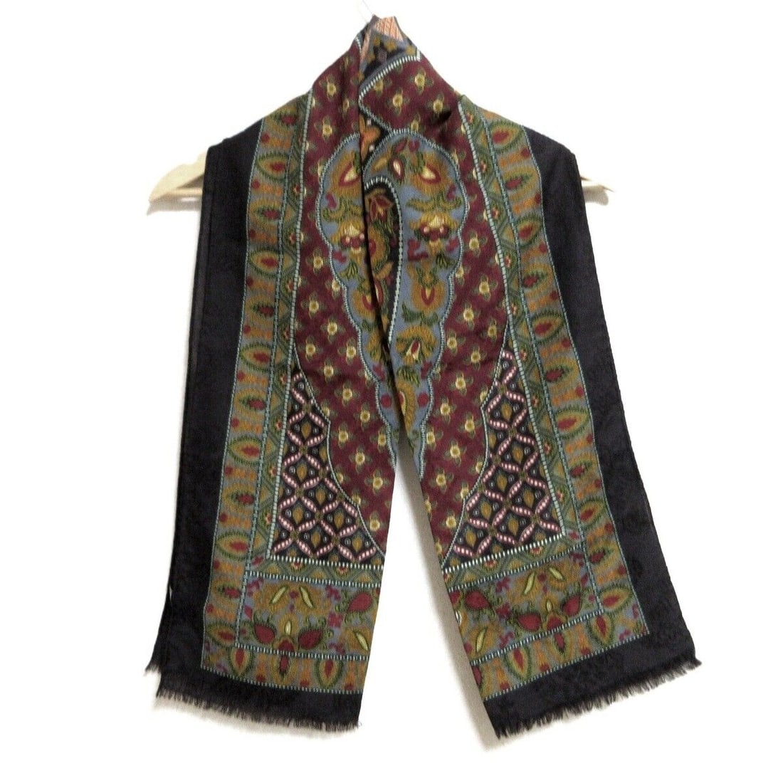 Auth ETRO - Dark Brown Bordeaux: Auth ETRO - Dark Brown Bordeaux Multi Wool Silk Scarf Condition: Pre-owned Brand: ETRO Style: Scarf Color: Dark Brown, Bordeaux, Multi Material: Wool, Silk ConditionRank: 6 Type: Scarf <b