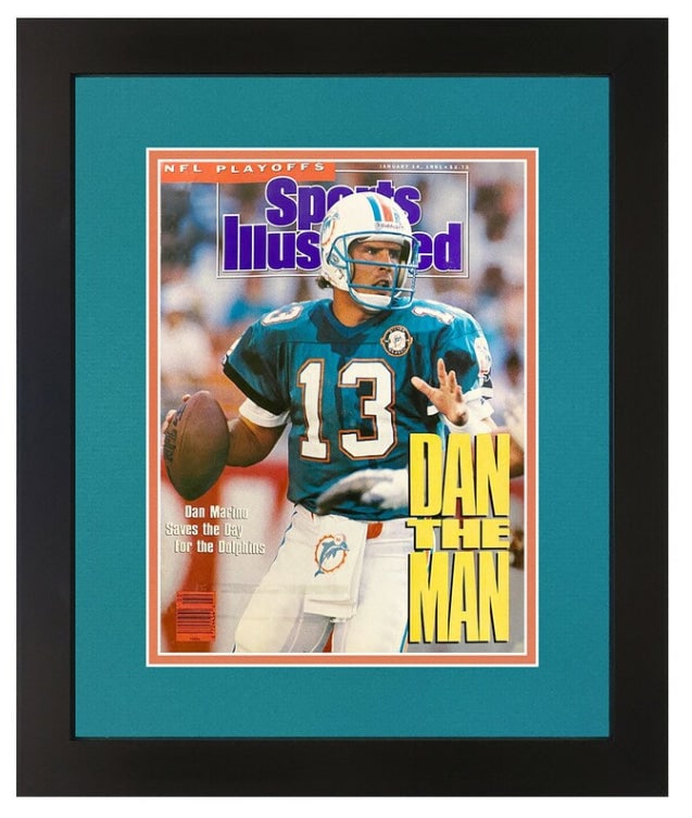 dan marino miami dolphins & hall: dan marino miami dolphins & hall of famer matted with team colors and framed sports illustrated magazine january 14, 1991 original issue This is the original January 14, 1991 Sports Illustrated magazi