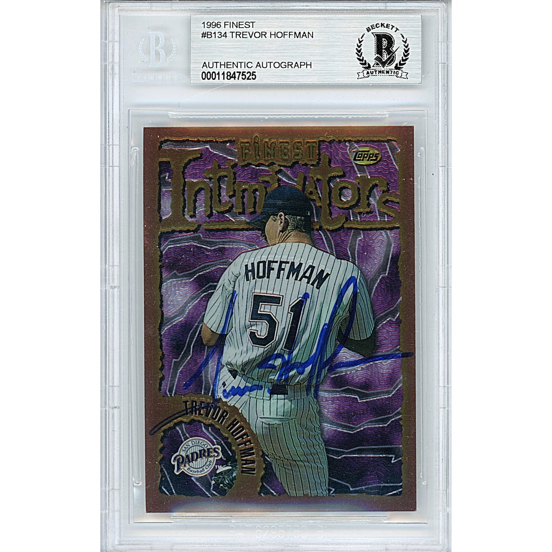 Trevor Hoffman San Diego Padres Signed: Trevor Hoffman San Diego Padres Signed 1996 Topps Finest Intimidators Baseball Card Beckett BAS BGS This is a Trevor Hoffman signed 1996 Topps Finest Intimidators baseball trading card #B134. Trevor H