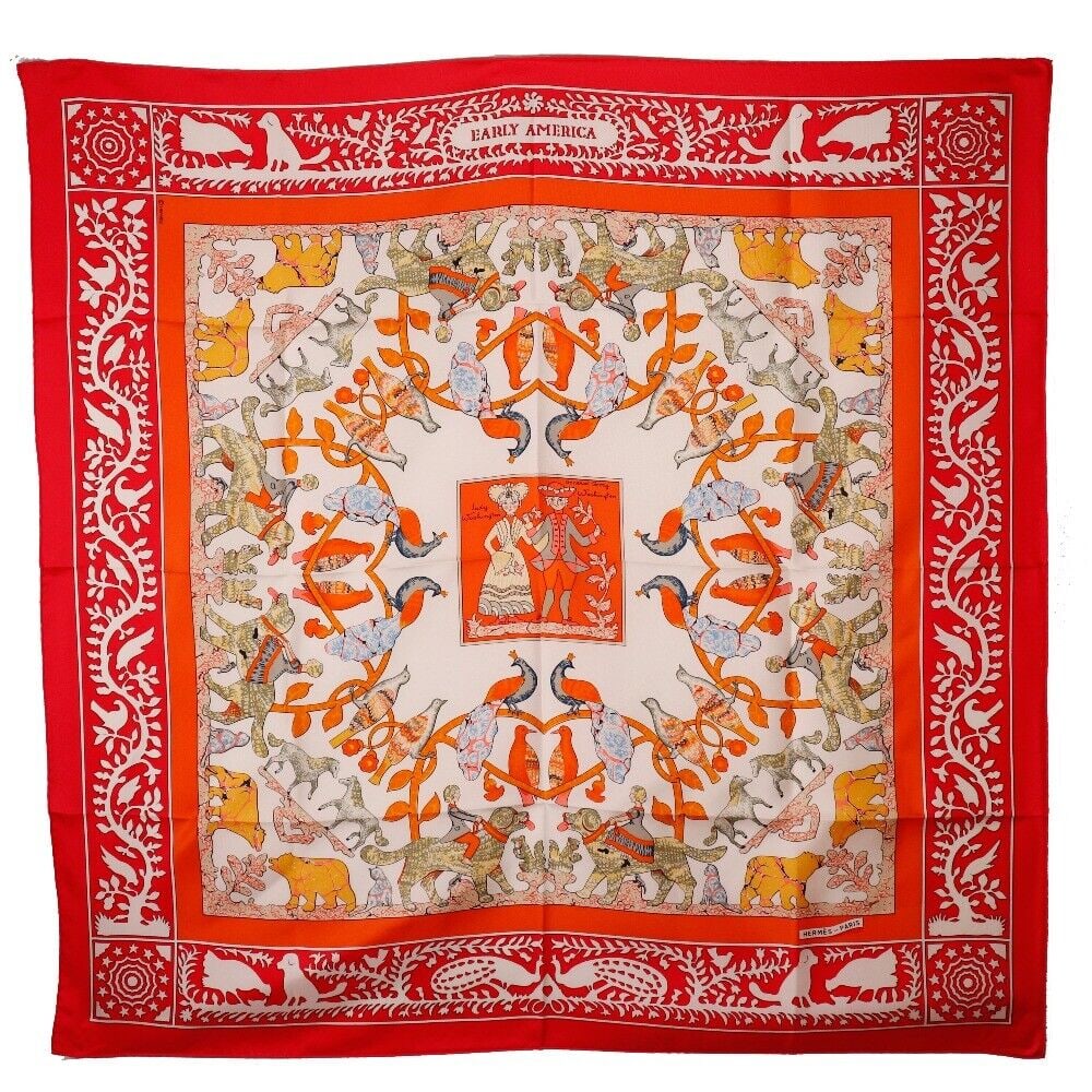 HERMES Carre90 scarf EARLY AMERICA Good: HERMES Carre90 scarf EARLY AMERICA Good old America silk Women Condition: Pre-owned Brand: HERMES Style: scarf Material: silk Color: Red Size: See Description Bag Height: 89cm Ba