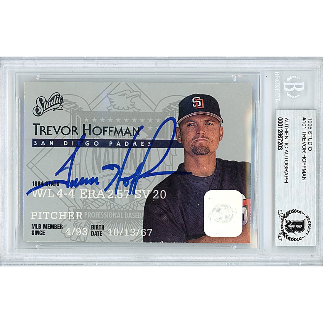 Trevor Hoffman San Diego Padres Autographed: Trevor Hoffman San Diego Padres Autographed 1995 Studio Baseball Card Beckett BAS Slabbed Signed This is a Trevor Hoffman autographed 1995 Donruss Studio baseball card #101. Trevor Hoffman signed the