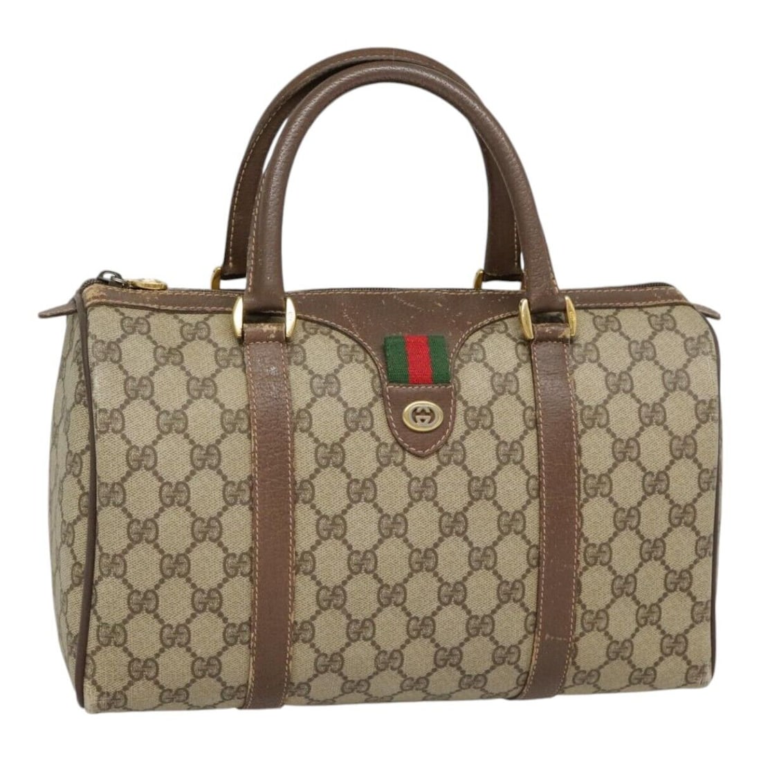 GUCCI GG Canvas Web Sherry Line: GUCCI GG Canvas Web Sherry Line Boston Bag PVC Beige Green Red Auth 90797 Condition: Pre-owned Brand: GUCCI Style: Boston Bag Material: PVC Leather Exterior Color: Beige / Green / Red Size: See De