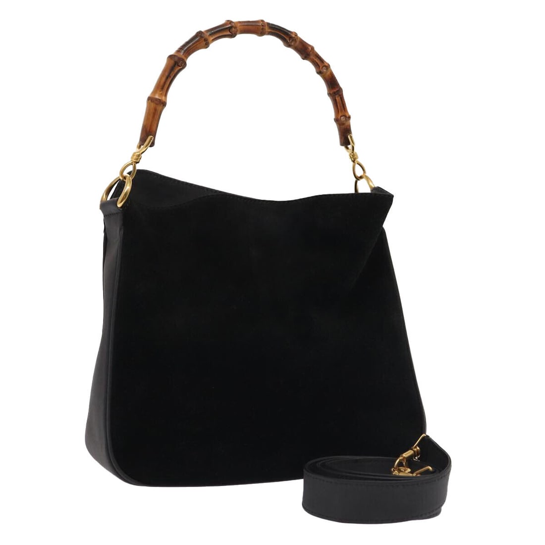 GUCCI Bamboo Hand Bag Suede 2way: GUCCI Bamboo Hand Bag Suede 2way Black Gold 001 3754 1638 Auth 85727 Condition: Pre-owned Brand: GUCCI Style: Hand Bag Material: Suede Exterior Color: Black / Gold Size: See Description B