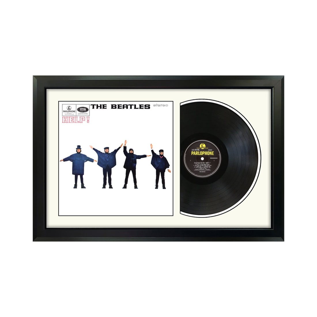 the beatles help! movie soundtrack vinyl record & cover professionally framed 17.5? x 26.5? display: the beatles help! movie soundtrack vinyl record & cover professionally framed 17.5? x 26.5? display with a white mat "Help!" is the fifth studio album by the English rock band the Beatles and the soun