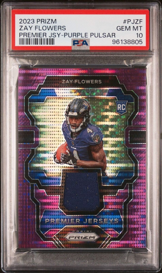 graded 2023 prizm zay flowers #pjzf prem jrsy purple pulsar football card PSA 10: graded 2023 prizm zay flowers #pjzf prem jrsy purple pulsar football card PSA 10 Graded 2023 Prizm Zay Flowers #PJZF Prem Jrsy Purple Pulsar Football Card PSA 10 Guidelines for Bidding We recommend fo