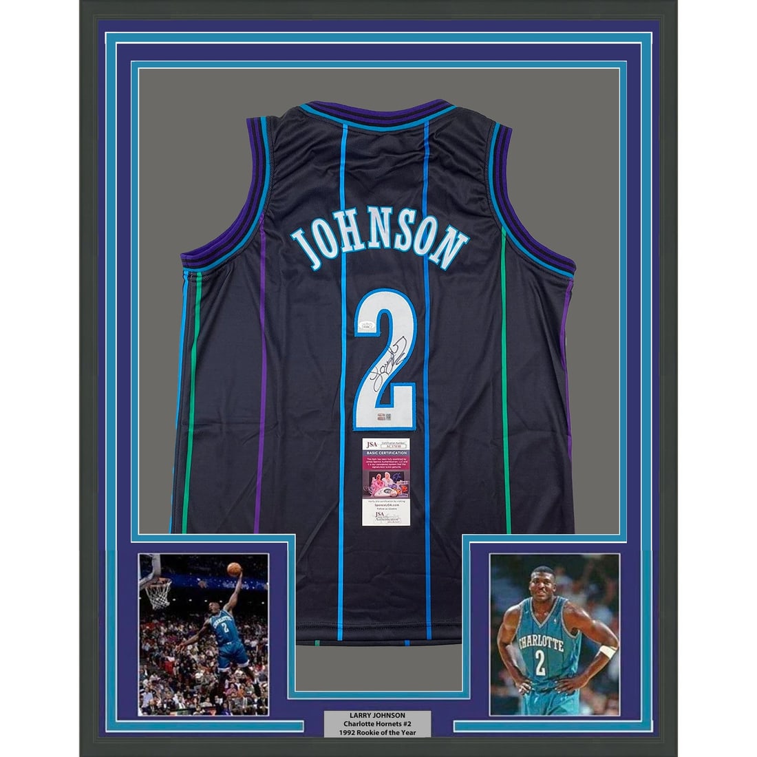 framed autographed/signed larry johnson 33x42 charlotte black jersey JSA COA: framed autographed/signed larry johnson 33x42 charlotte black jersey JSA COA Framed Autographed/Signed Larry Johnson 33x42 Charlotte Black Jersey JSA COA Guidelines for Bidding We recommend for all bi