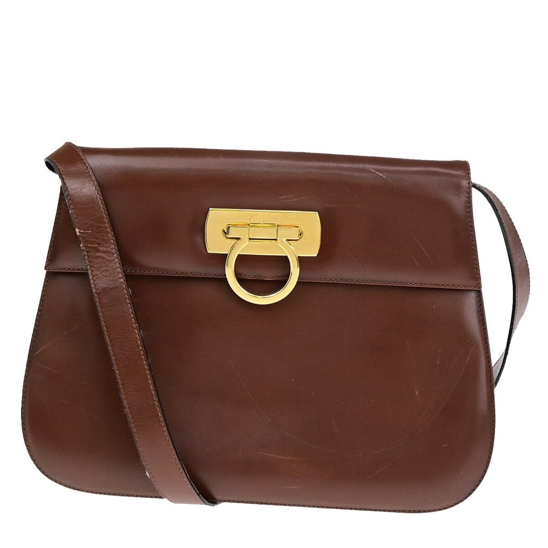 SALVATORE FERRAGAMO Logo Gancini Shoulder Bag: SALVATORE FERRAGAMO Logo Gancini Shoulder Bag Leather Brown GHW Italy 67YE859 Condition: Pre-owned Brand: SALVATORE FERRAGAMO Exterior Material: Leather Style: Shoulder Bag Exterior Color: Brown D