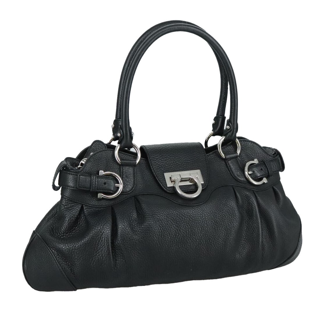 Salvatore Ferragamo Gancini Hand Bag Leather: Salvatore Ferragamo Gancini Hand Bag Leather Black Silver Auth 108385 Condition: Pre-owned Bag Height: 10.6inch(Approx) / 27cm(Approx) Bag Length: 17.7inch(Approx) / 45cm(Approx) Department: Country o