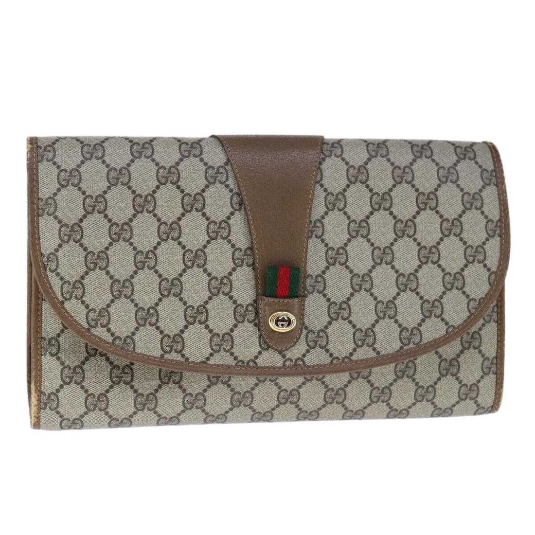 GUCCI GG Supreme Web Sherry Line: GUCCI GG Supreme Web Sherry Line Clutch Bag PVC Beige Green Red Auth 105456 Condition: Pre-owned Bag Height: 7.1inch(Approx) / 18cm(Approx) Bag Depth: 3.1inch(Approx) / 8cm(Approx) Bag Length: 11.8inc