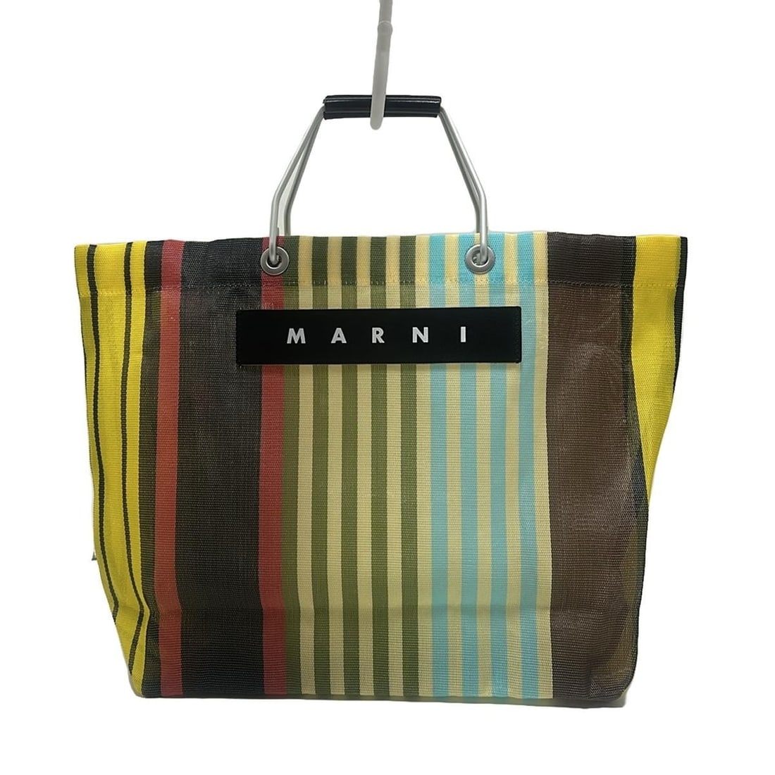 Auth MARNI Market Stripe Bag -: Auth MARNI Market Stripe Bag - Black Light Blue Multi Nylon Aluminium Leather Condition: Pre-owned Brand: MARNI Style: Tote Bag Exterior Color: Black, Light Blue, Multi Exterior Material: Nylon, Alumi