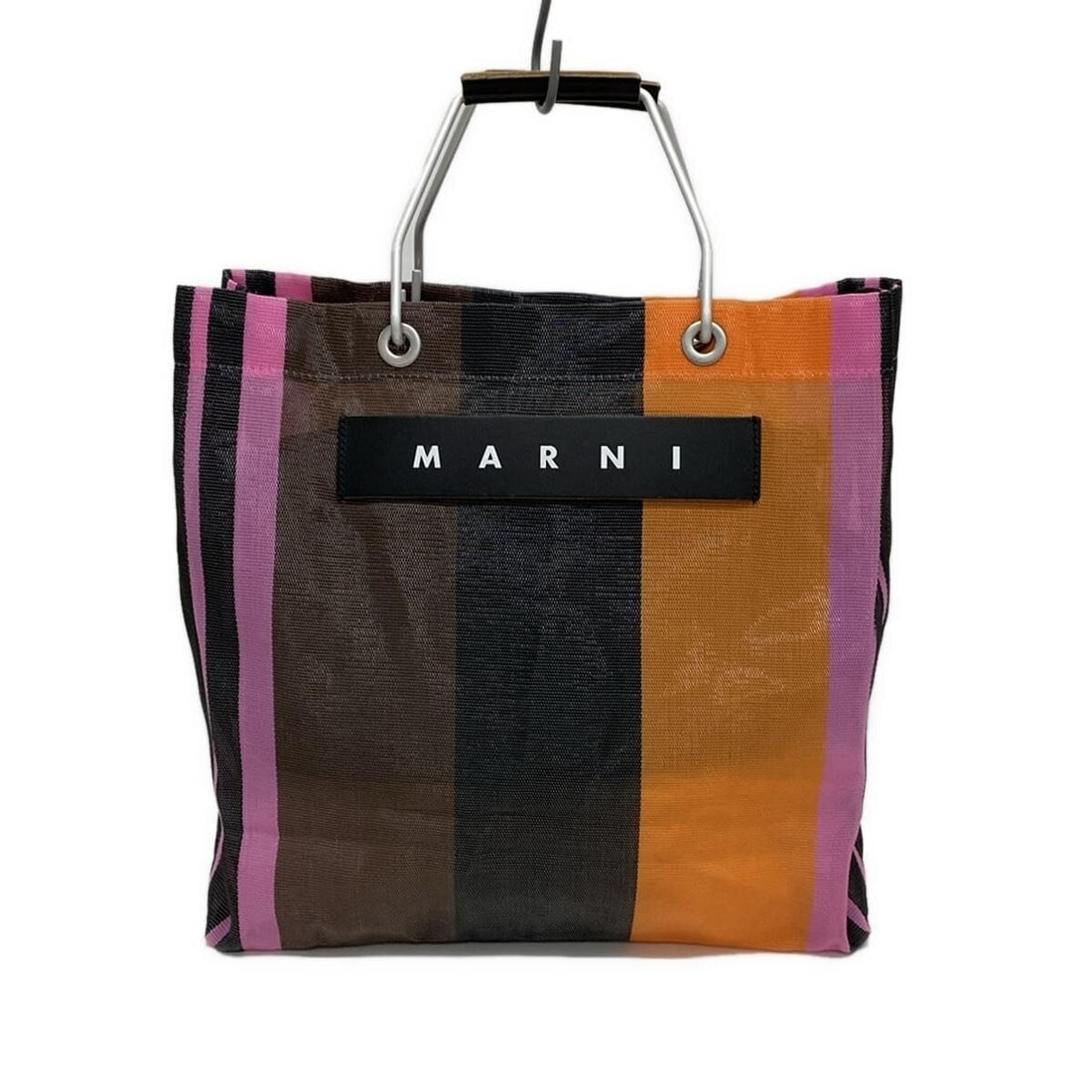 Auth MARNI Market Stripe Bag -: Auth MARNI Market Stripe Bag - Black Orange Multi Nylon Aluminium Leather Condition: Pre-owned Brand: MARNI Style: Tote Bag Exterior Color: Black, Orange, Multi Exterior Material: Nylon, Aluminium, Le