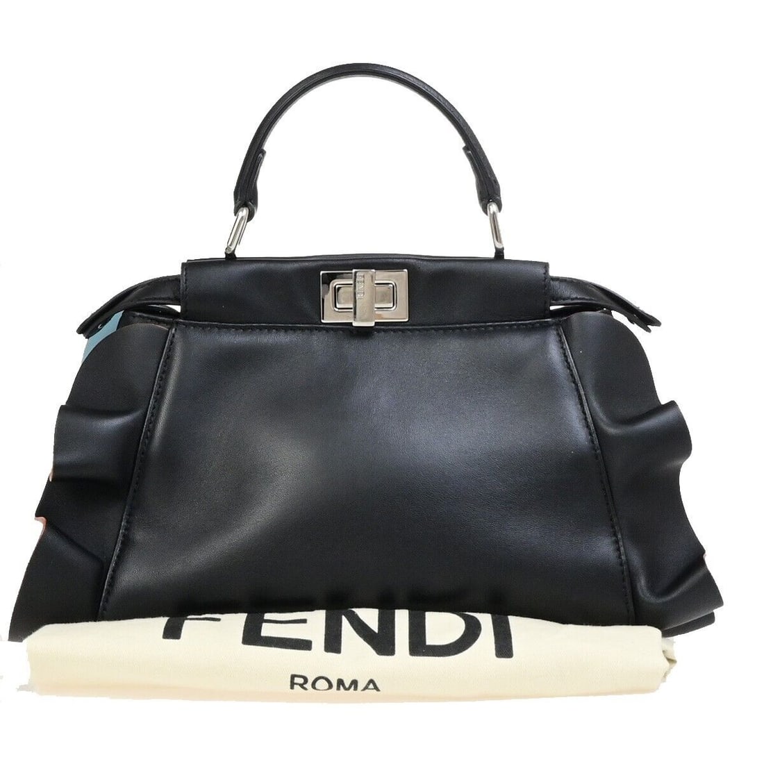 FENDI Logo Peekaboo Ruffle Hand Bag: FENDI Logo Peekaboo Ruffle Hand Bag Leather Black Blue SHW Italy 97ED189 Condition: Pre-owned Brand: FENDI Department: Women Hardware Material: Silver Model: Peekaboo Lining Color: Black