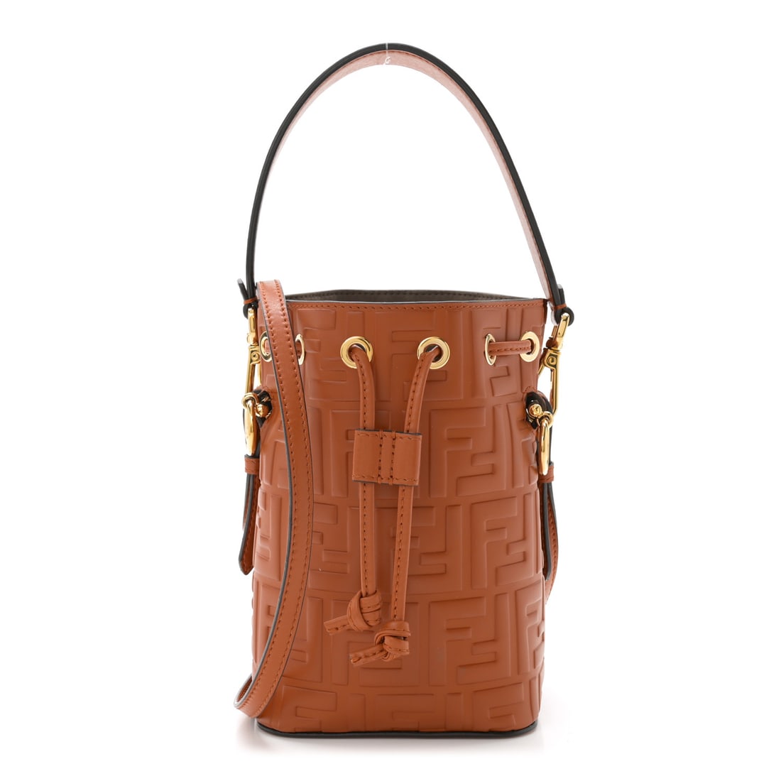 Fendi Vitello Liberty F is Fendi: Fendi Vitello Liberty F is Fendi FF 1974 Embossed Mini Mon Tresor Bucket Bag Brandy Brand: FENDI Condition: Excellent Condition Details: Hardware: Tarnished, faint scratch(es), Exterior: Marks, imprin