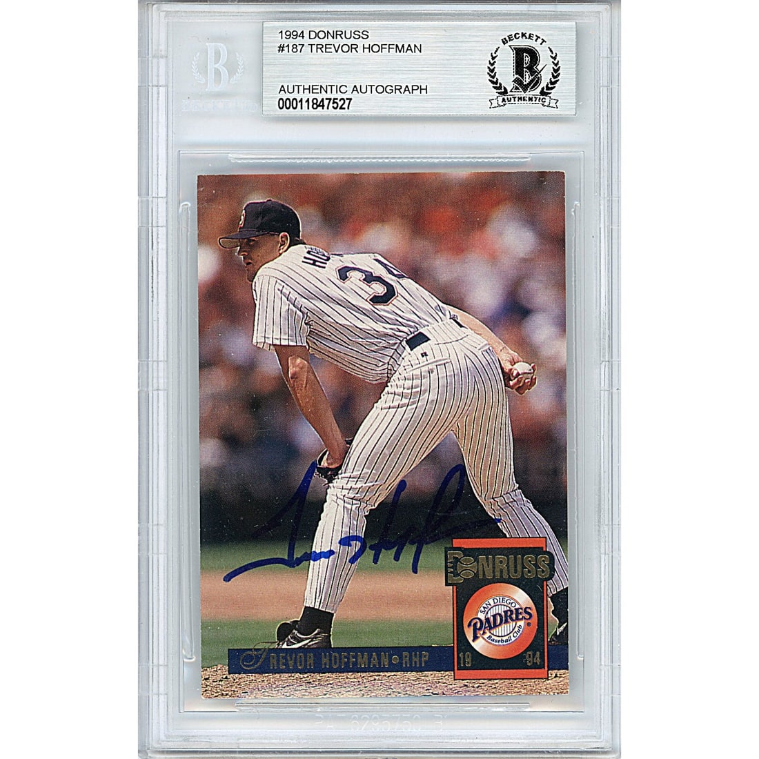 trevor hoffman signed san diego padres: trevor hoffman signed san diego padres 1994 donruss baseball card beckett auth auto slab This 1994 Donruss baseball card autographed by Trevor Hoffman of the San Diego Padres has been certified as aut