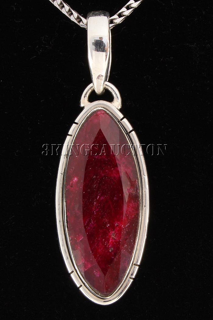 RUBY CORRUNDUM 26.22CTW STERLING SILVER PENDANT: RUBY CORRUNDUM 26.22CTW STERLING SILVER PENDANT **|**|** 27X11MM MARQUISE SHAPE RUBY CORRUNDUM BEZEL TYPE SILVER PENDANT ; MSRP: $300