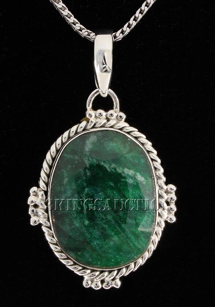 EMERALD BERYL 51.28CTW STERLING SILVER PENDANT: EMERALD BERYL 51.28CTW STERLING SILVER PENDANT **|**|** 25X20MM OVAL SHAPE EMERALD BERYL ANTIQUE DESIGN SILVER PENDANT ; MSRP: $600