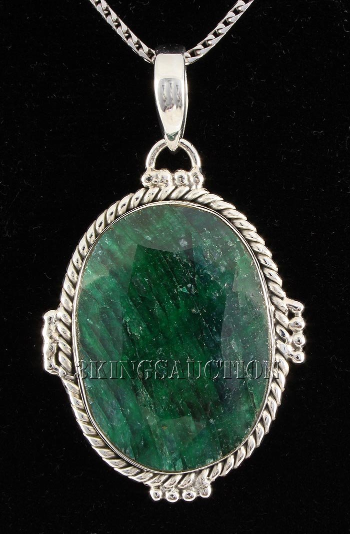 EMERALD BERYL 61.02CTW STERLING SILVER PENDANT: EMERALD BERYL 61.02CTW STERLING SILVER PENDANT **|**|** 30X22MM OVAL SHAPE EMERALD BERYL ANTIQUE DESIGN SILVER PENDANT ; MSRP: $700