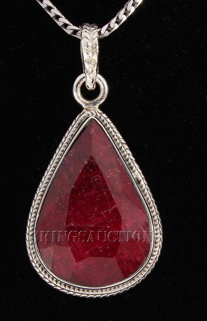 RUBY CORRUNDUM 41.05CTW STERLING SILVER PENDANT: RUBY CORRUNDUM 41.05CTW STERLING SILVER PENDANT **|**|** 24X17MM PEAR SHAPE RUBY CORRUNDUM STERLING SILVER PENDANT ; MSRP: $500