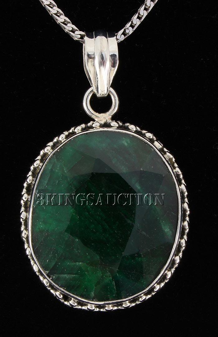EMERALD BERYL 61.06CTW STERLING SILVER PENDANT: EMERALD BERYL 61.06CTW STERLING SILVER PENDANT **|**|** 26X23MM OVAL SHAPE EMERALD BERYL FLOWER DESIGN SILVER PENDANT ; MSRP: $700