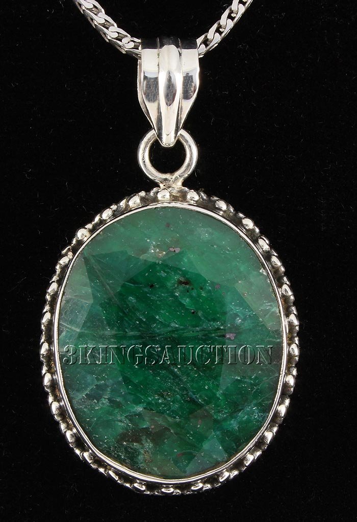 EMERALD BERYL 54.67CTW STERLING SILVER PENDANT: EMERALD BERYL 54.67CTW STERLING SILVER PENDANT **|**|** 25X20MM OVAL SHAPE EMERALD BERYL FLOWER DESIGN SILVER PENDANT ; MSRP: $600
