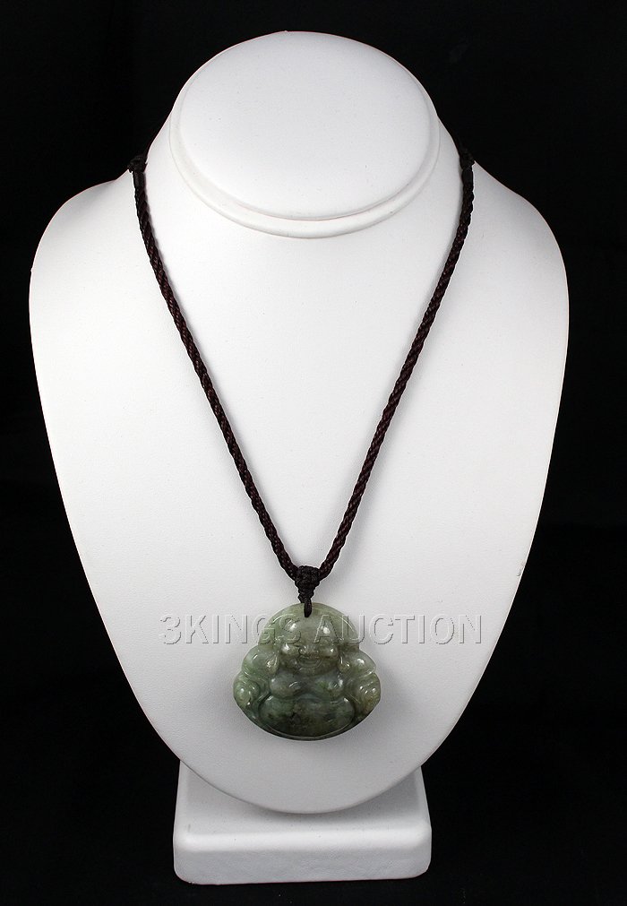 214.08ctw Buddhist Charm Jade Pendant Necklace: 214.08ctw Buddhist Charm Jade Pendant Necklace **|**|** Tibetan buddhist Amulet Natural Pea Green Jadeite Jade carved Laughing Buddha charm Necklace size: 48x47x8mm; w/ adjustable necklace cord ; MSRP