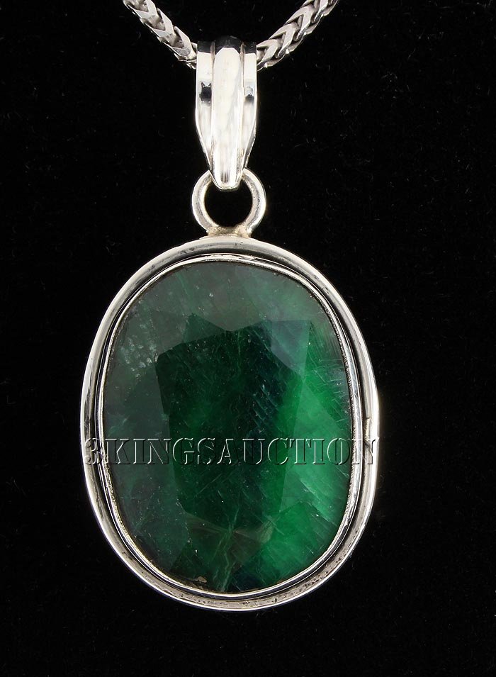 EMERALD BERYL 46.69CTW STERLING SILVER PENDANT: EMERALD BERYL 46.69CTW STERLING SILVER PENDANT **|**|** 23X18MM OVAL SHAPE EMERALD BERYL BEZEL TYPE SILVER PENDANT ; MSRP: $500
