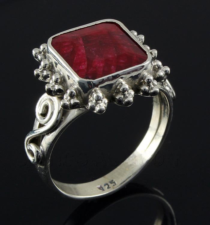 RUBY CORRUNDUM 27.05CTW STERLING SILVER RING: RUBY CORRUNDUM 27.05CTW STERLING SILVER RING **|**|** 11X11MM SQUARE SHAPE RUBY CORRUNDUM FLOWER DESIGN SILVER RING; SIZE 8.5 ; MSRP: $300
